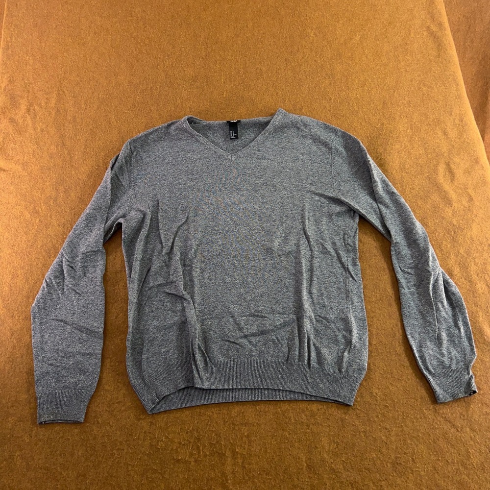 H&M Mens XL Gray V-Neck Long Sleeve Cotton Knit Sweater
